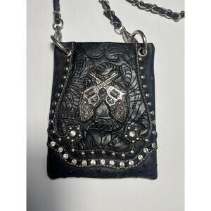 Vintage Leather Biker Bag, Pistol Detail, Bling< Chain, Y2k Western